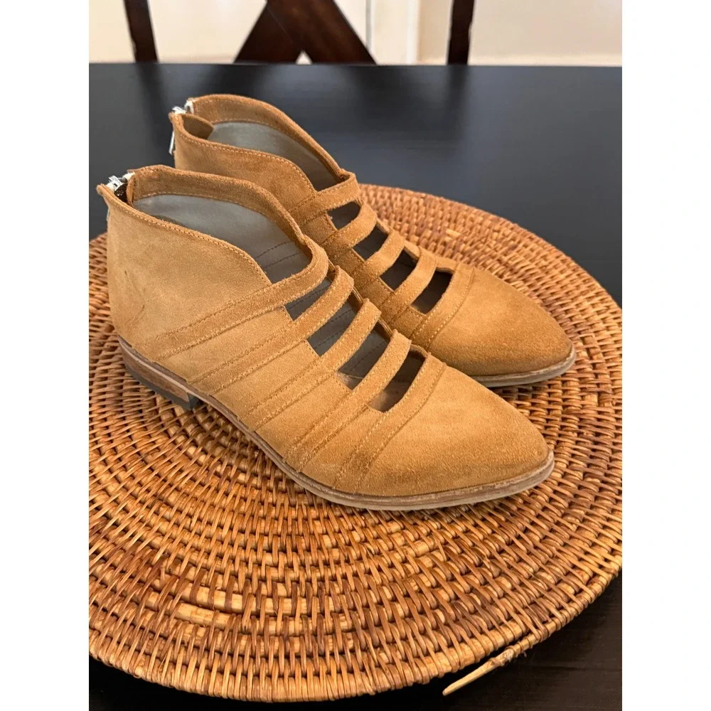 Free‎ People Tan Suede Caged Ankle Boots Pointed Toe Strappy Booties Size 38